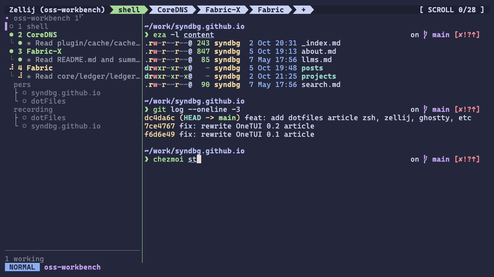 A Zellij workspace with the zj-radar rail on the left listing three agent tabs: two done and one still working. The Zsh prompt on the right shows the directory on its own line and the Git branch and status on the right, rendered by Starship.