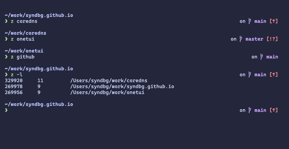 The prompt after jumping between three repositories. The directory is on the left, and the Git branch and status are on the right. Two of the repositories are on main and one is on master.