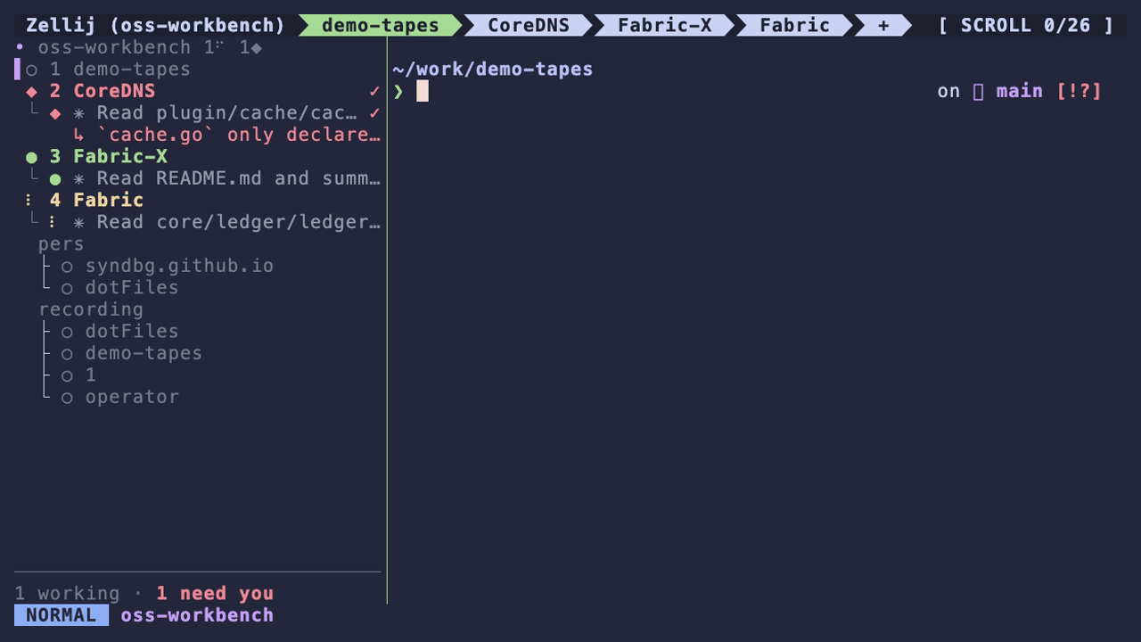 Three Claude Code sessions in the zj-radar sidebar. One is done, one is working, and one needs input.