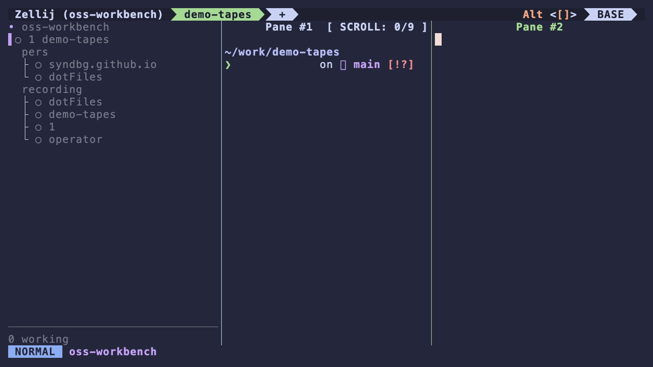 Two splits, a floating pane running git log, then fullscreen and back.